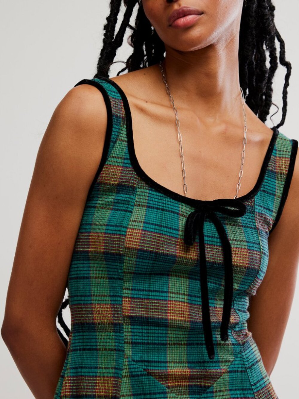 Free People Teal Green Plaid Midi Dress with Black Bow - Picture 4 of 5